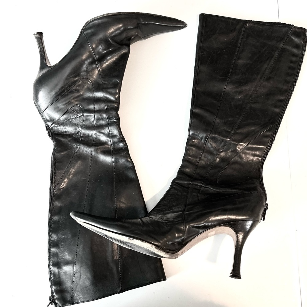 Charles David 90s Pointy Heel Boots Knee High Leather Black 37 6.5